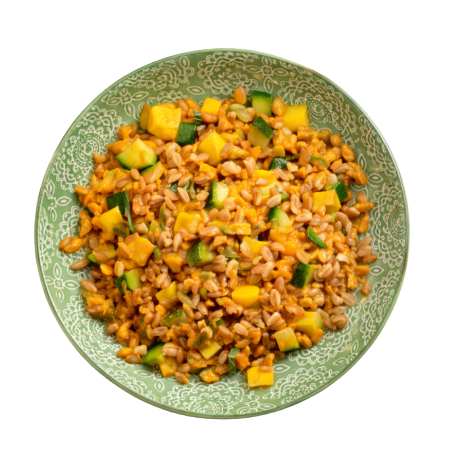 Farro con zucchine su crema di carote allo zenzero