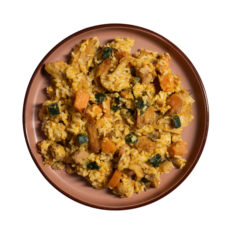 Straccetti vegetali al curry con riso basmati e verdure